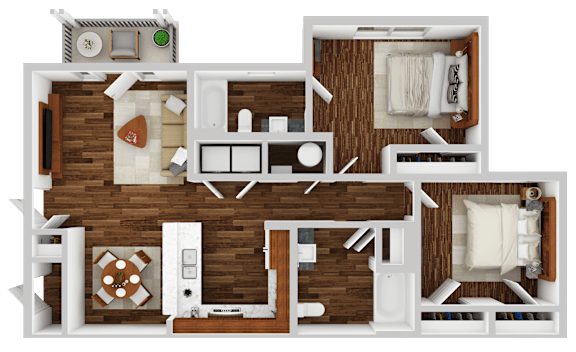 A top-down view of a house layout with a living room, kitchen, dining area, and two bedrooms.
