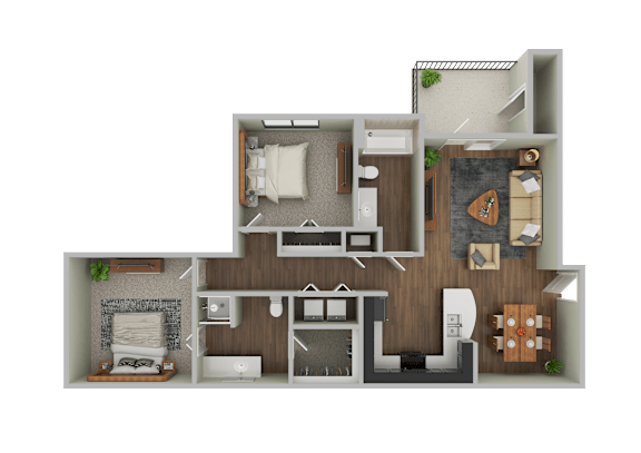 A 3D floor plan of a house showing a living room, kitchen, and two bedrooms.