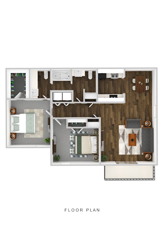A floor plan of a house with a living room, kitchen, and two bedrooms.