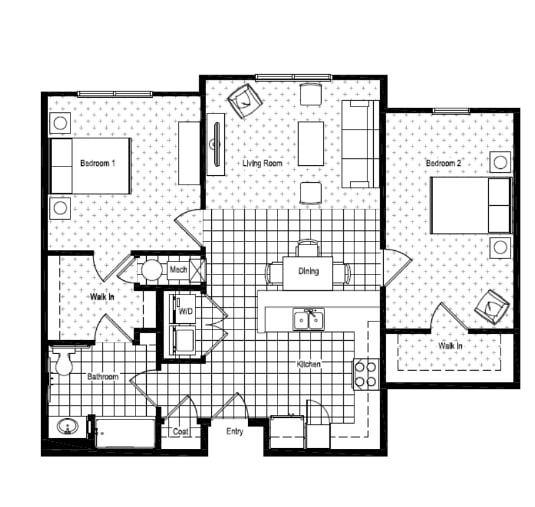 A black and white floor plan of a house with labeled rooms.