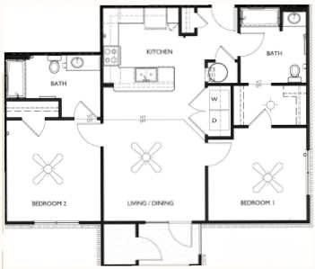 A floor plan of a house with two bedrooms, a living/dining area, a kitchen, and two bathrooms.