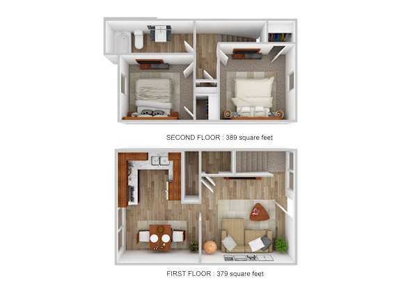 A diagram of a two-story apartment with the first floor being 379 square feet and the second floor being 389 square feet.