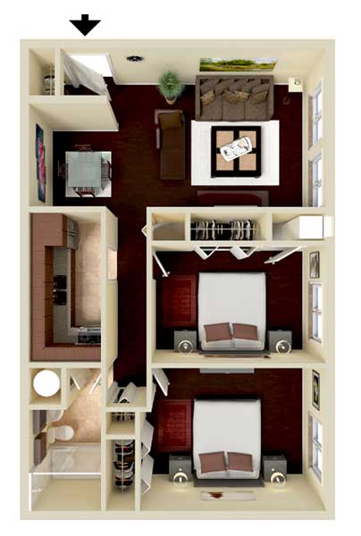 A dollhouse living room with a couch, chair, and coffee table.