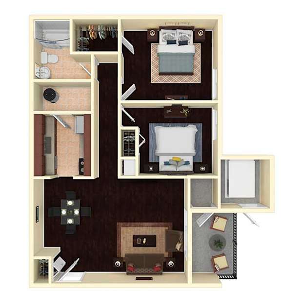 Floor Plan  A floor plan of a small apartment with a bedroom, living room, and kitchen.
