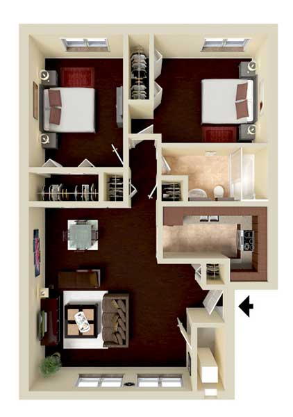 A 3D floor plan of a house with a kitchen, living room, and bedrooms.