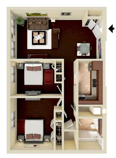 A 3D floor plan of a small apartment with a bedroom, living room, and kitchen.