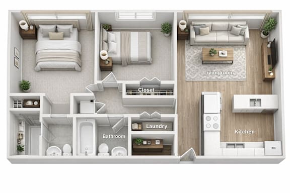 A top-down view of a house layout showing a bedroom, living room, kitchen, bathroom, and laundry area.