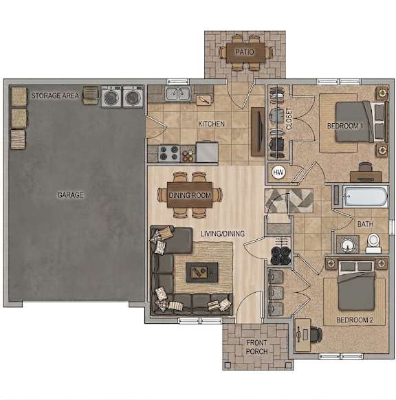 A floor plan of a house with a garage, two bedrooms, a living area, a dining room, a kitchen, a bathroom, a front porch, and a storage area.