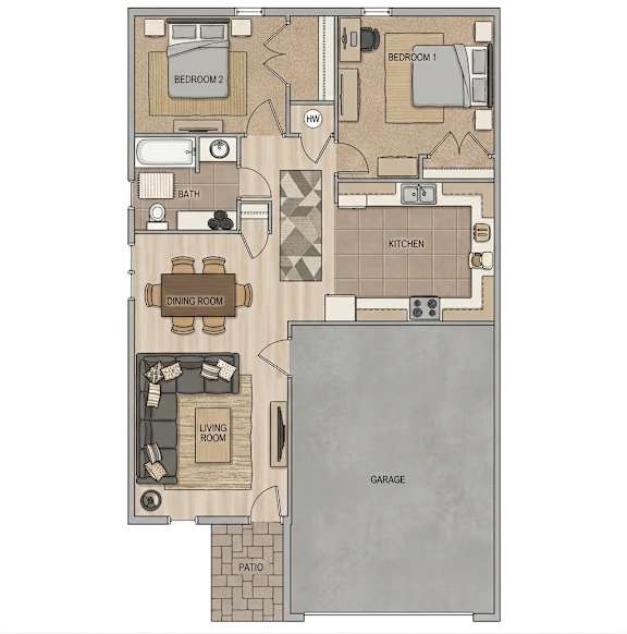 A floor plan of a house with a garage, living room, dining room, kitchen, and two bedrooms.