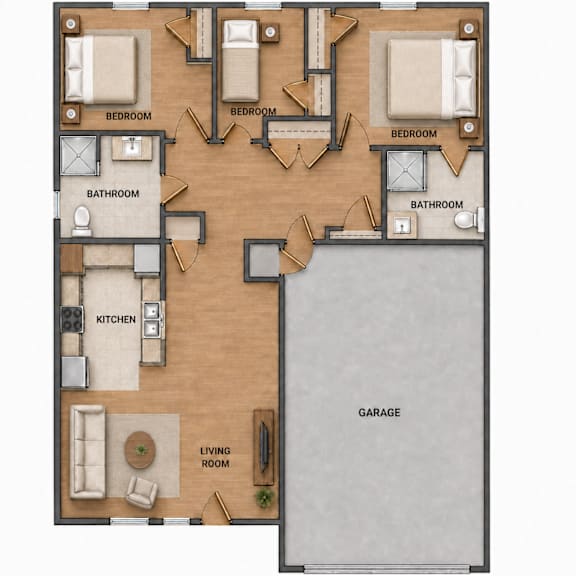 A floor plan of a house with labeled rooms including three bedrooms, two bathrooms, a kitchen, a living room, and a garage.