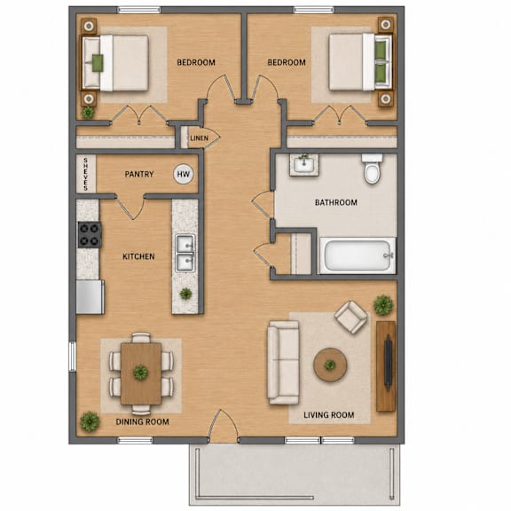 A detailed 3D floor plan of a house layout.