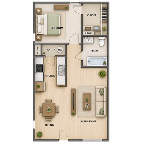 A floor plan of a house with a bedroom, living room, kitchen, dining room, bathroom, pantry, and closet.