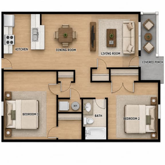A floor plan of a house with two bedrooms, a living room, a dining room, a kitchen, a bathroom, and a covered porch.