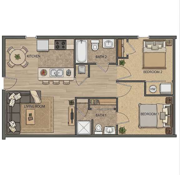 A floor plan of a house with two bedrooms, a living room, a kitchen, and two bathrooms.