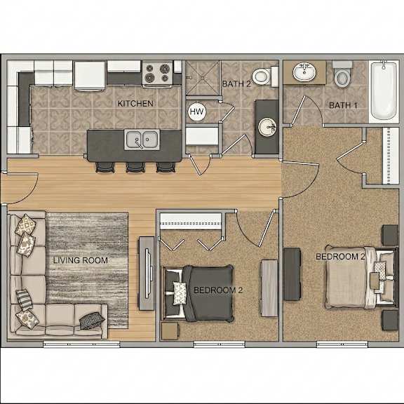 A floor plan of a small apartment with two bedrooms, a living room, a kitchen, and two bathrooms.