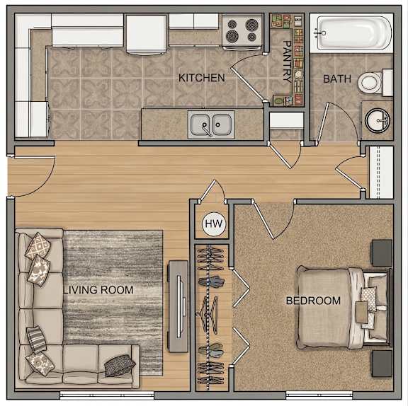A floor plan of a house showing a living room, kitchen, pantry, bathroom, and bedroom.