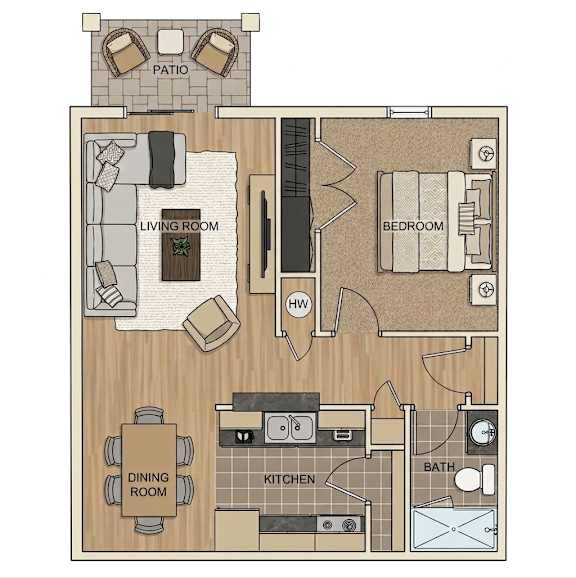 A floor plan of a house with a living room, dining room, kitchen, bathroom, and bedroom.