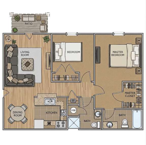 A detailed floor plan of a house showing the layout of the bedrooms, bathrooms, kitchen, and living areas.