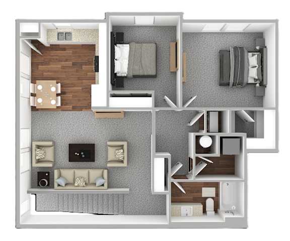 A 3D floor plan of a small apartment with a living room, kitchen, and bedroom.