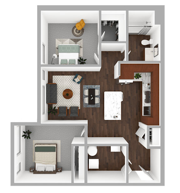 A 3D floor plan of a house with a kitchen, living room, and bathroom.