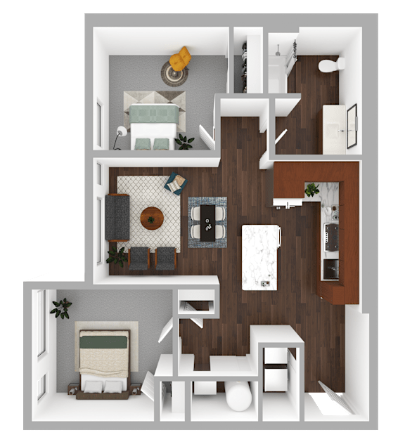 A 3D floor plan of a house with a living room, kitchen, and bathroom.
