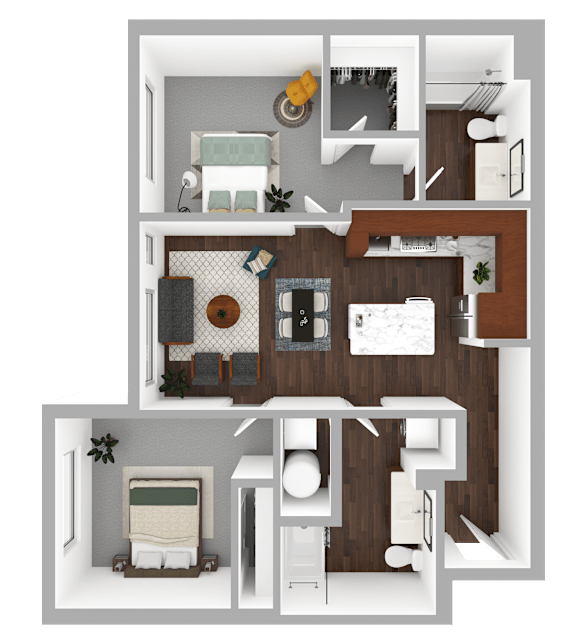 A 3D floor plan of a house with a living room, kitchen, and bathroom.