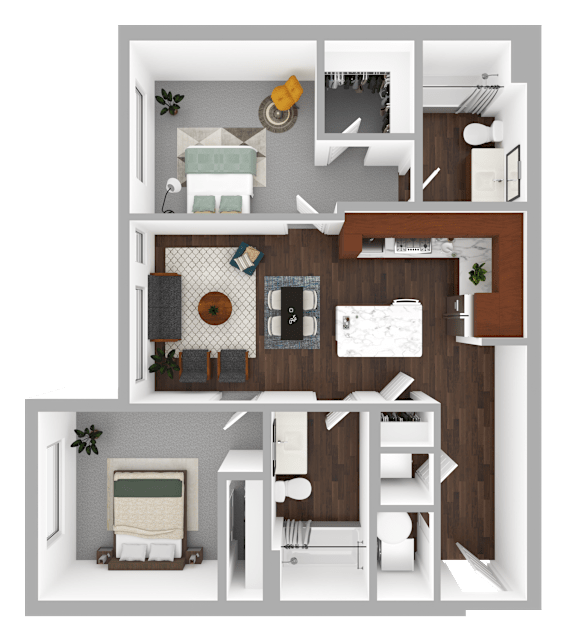 A 3D floor plan of a small apartment with a living room, kitchen, and bathroom.