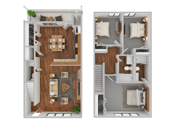 A floor plan of a two-bedroom apartment with a living room, kitchen, and bathroom.