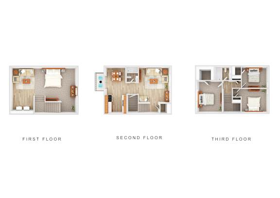 Three images showing the layout of the first, second and third floors of a house.
