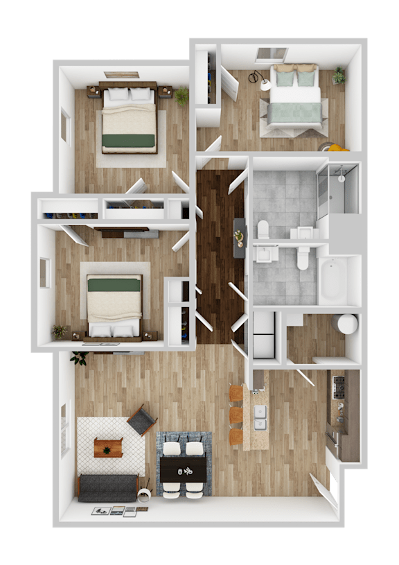 A top-down view of a small apartment layout with a kitchen, living room, and bedrooms.