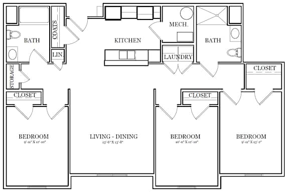A black and white image of a floor plan for a house with four bedrooms, a living room, a dining room, a kitchen, a laundry room, a storage area, and a mechanical room.