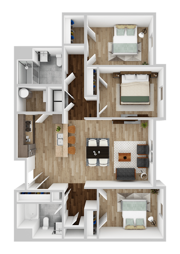 A 3D layout of a house with multiple rooms and furniture.