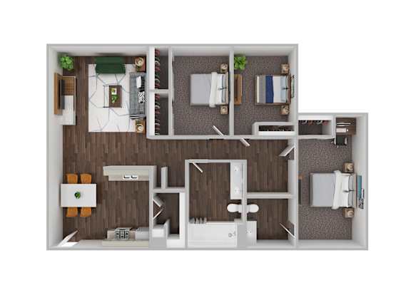 A 3D floor plan of a small apartment with a kitchen, living room, and bathroom.