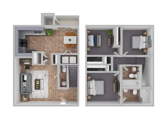 A floor plan of a small apartment with two bedrooms and a bathroom.