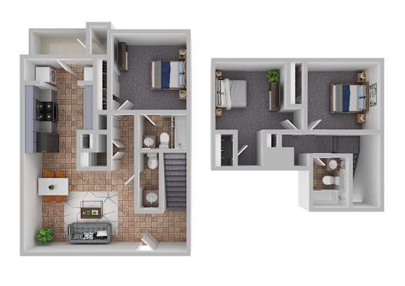 A 3D floor plan of a house with two bedrooms, a living room, a kitchen, and a bathroom.