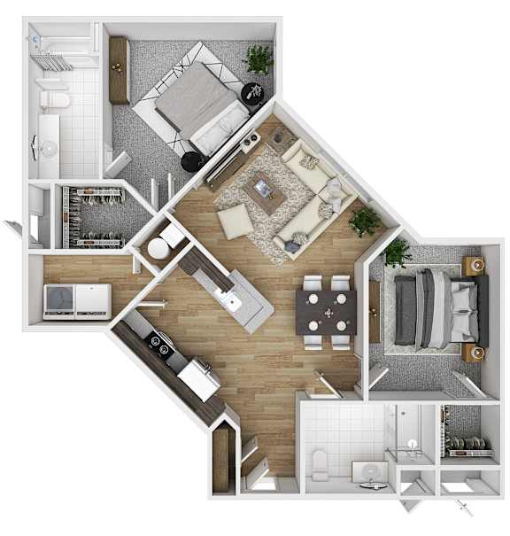 A top-down view of a modern apartment layout.