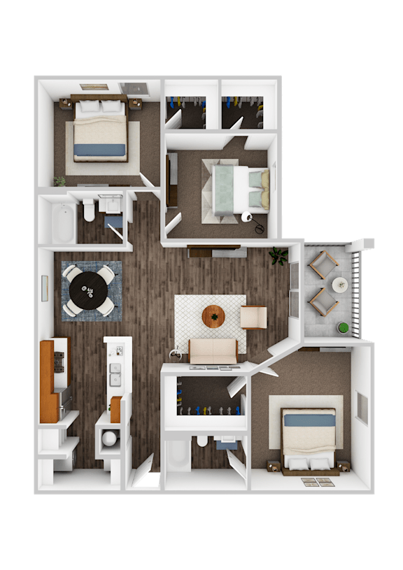 A 3D floor plan of a small apartment with a living room, kitchen, and bathroom.