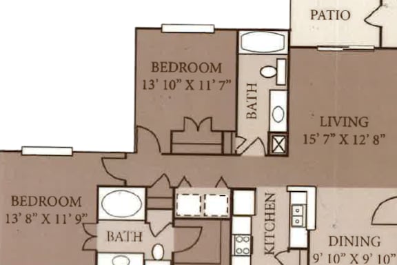 A floor plan of a house with a living room, two bedrooms, a patio, a kitchen, and a dining area.