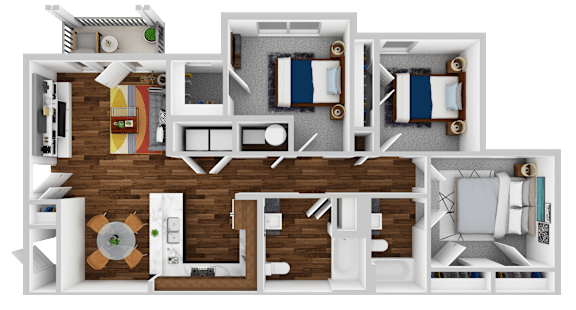 A 3D floor plan of a house with a kitchen, living room, and two bedrooms.