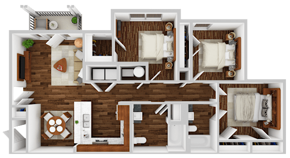 A 3D floor plan of a house with two bedrooms, a living room, a kitchen, and a bathroom.