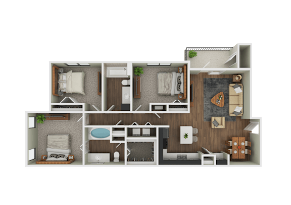 A detailed 3D floor plan of a two-bedroom apartment.