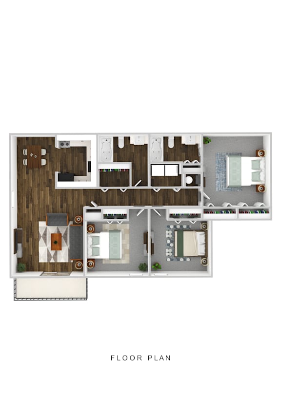 A floor plan of a house with a kitchen, living room, and bathrooms.