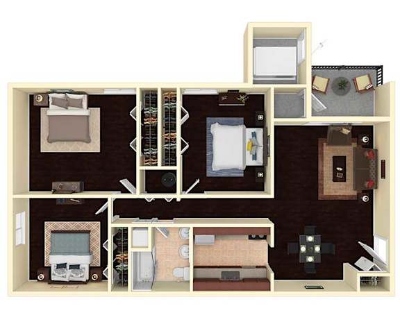 Floor Plan  A floor plan of a house with a kitchen, living room, and bedrooms.