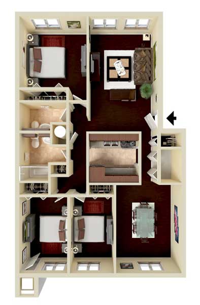 Floor Plan  A floor plan of a house with a kitchen, living room, dining room, and two bedrooms.