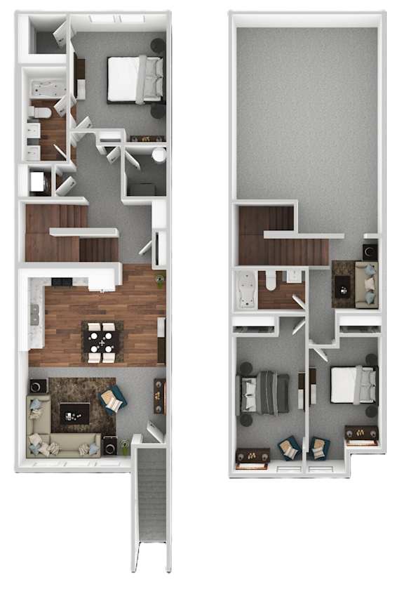 A floor plan of a two-story apartment with a living room, kitchen, and bedrooms.