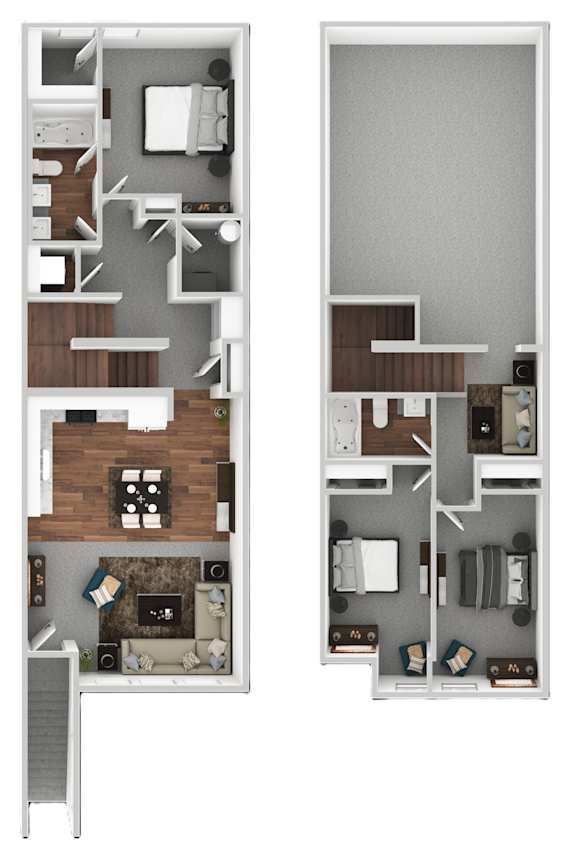 A floor plan of a two-story apartment with a living room, kitchen, and bedrooms.