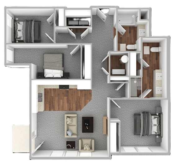 A 3D floor plan of a house with multiple rooms and furniture.