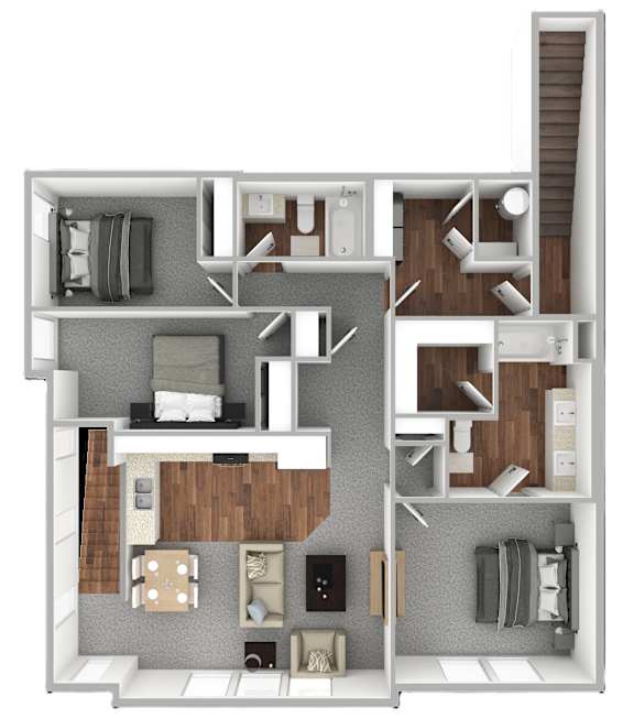 A 3D floor plan of a small apartment with a kitchen, living room, and bedroom.