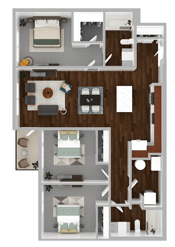 A 3D floor plan of a house with a kitchen, living room, dining room, and bedrooms.