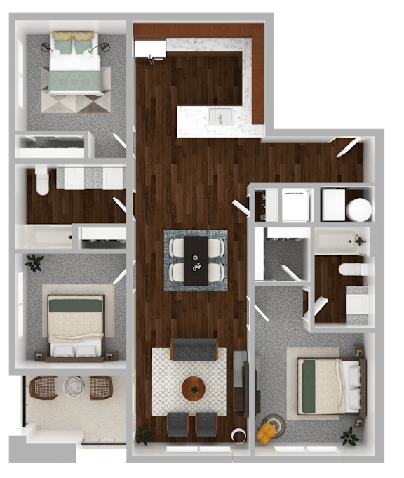 A 3D floor plan of a house with a living room, kitchen, dining room, and two bedrooms.